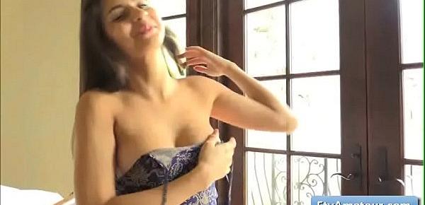  Sexy natural big tit amateur brunette Nina jiggle her nice boobs and tries different sexy outfits